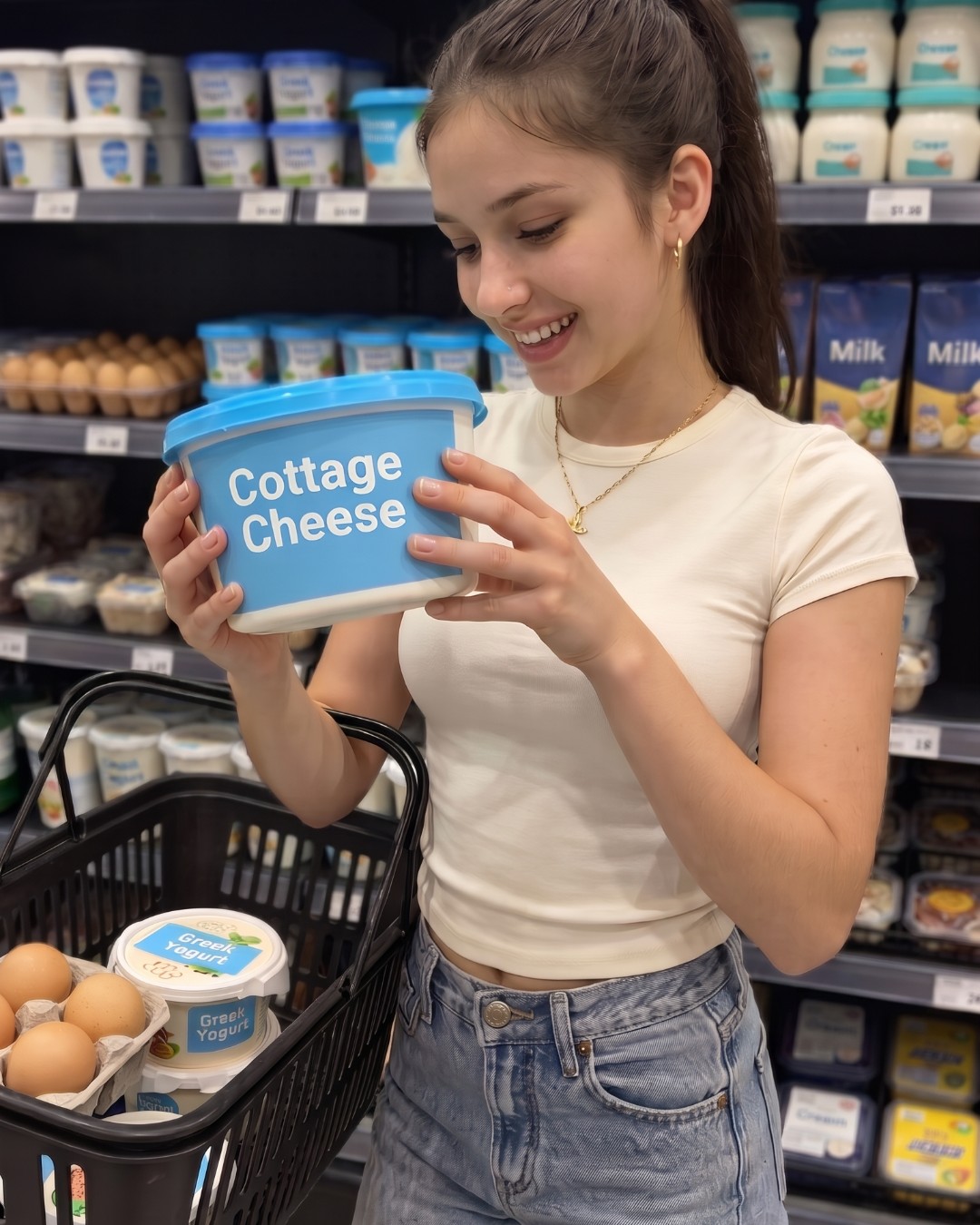A woman in a grocery aisle reading a tub of cottage cheese